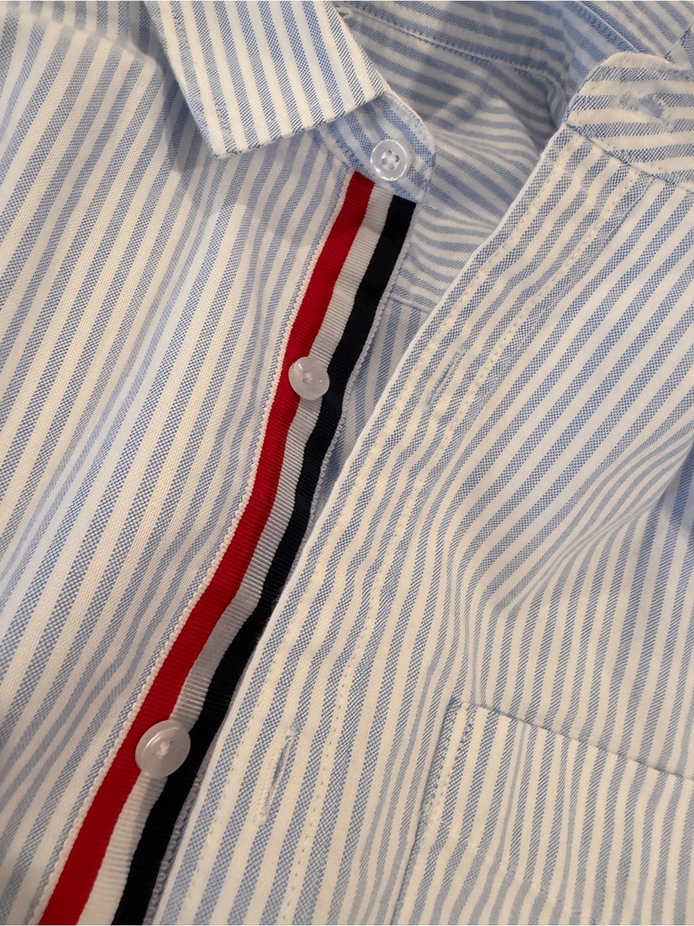 Womens Light Blue Stripe Shirt with Signature Red-Blue  Trim